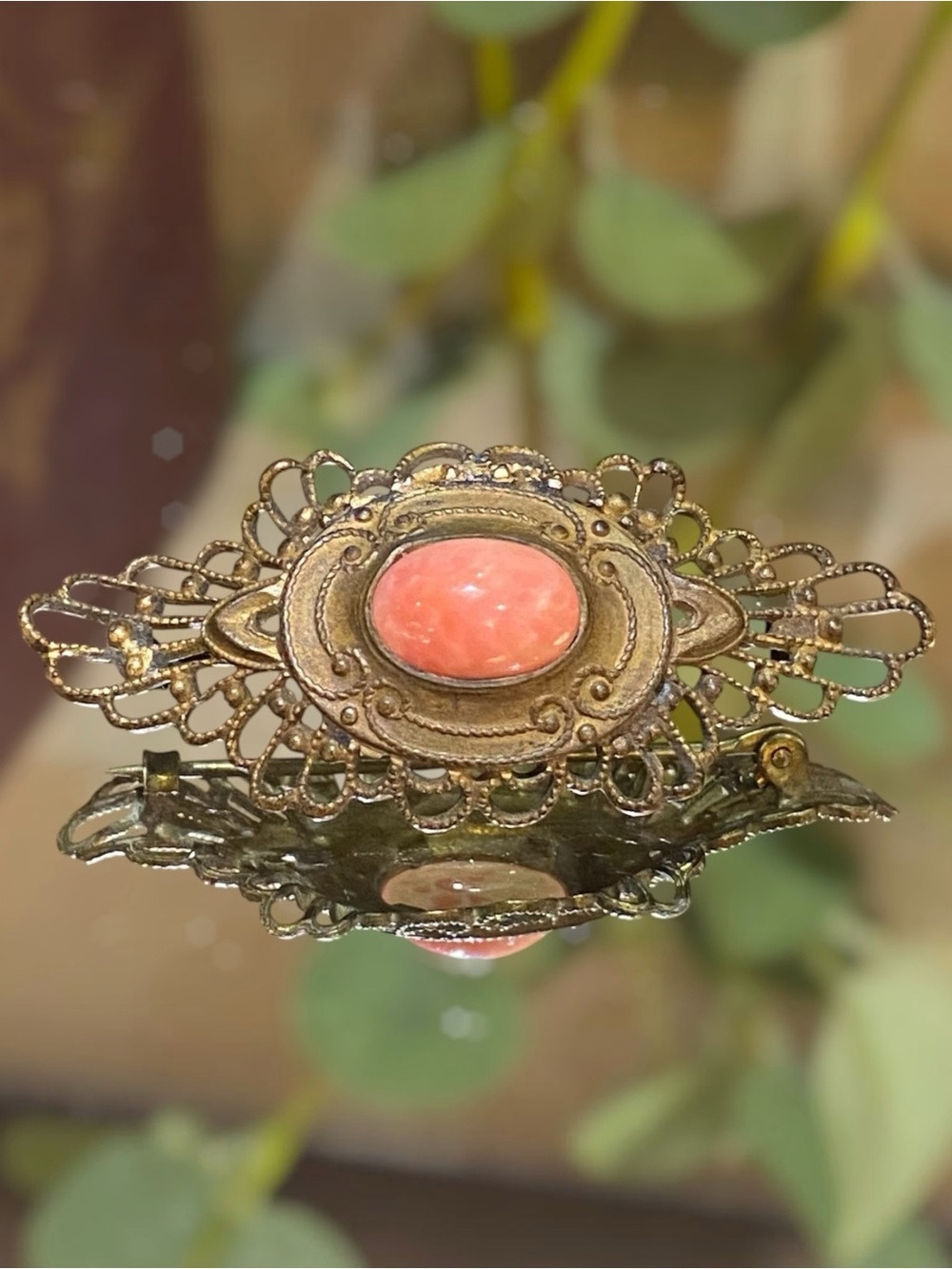 Antique Coral Filigree Brooch Gold C Clasp Victorian